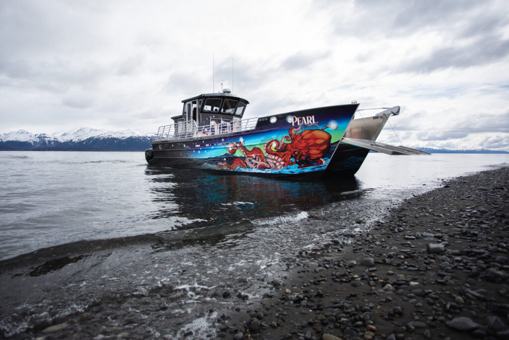 Pearl underway at launch, octopus-painted hull