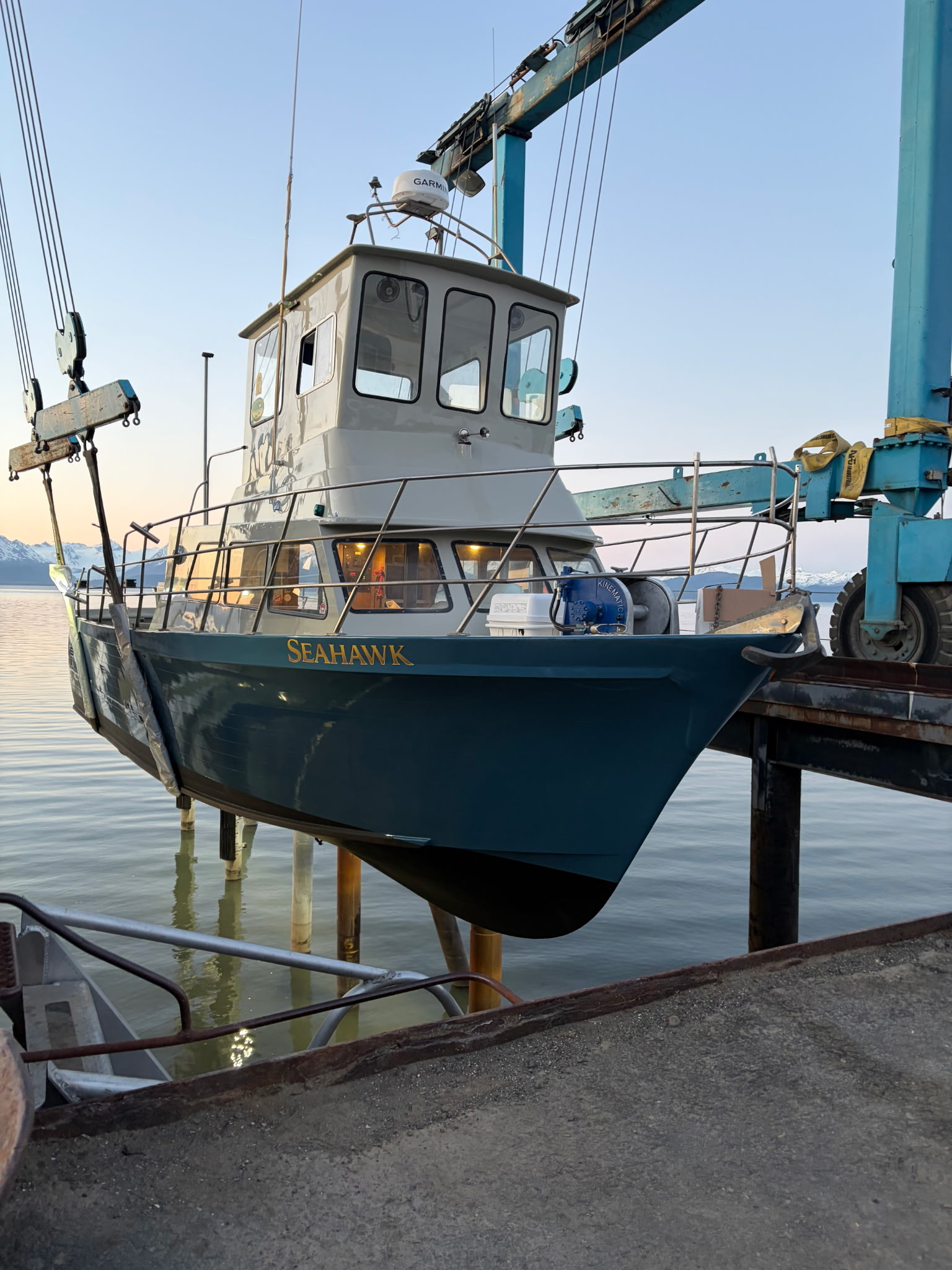 Seahawk out of the water on the lift for the inclining test