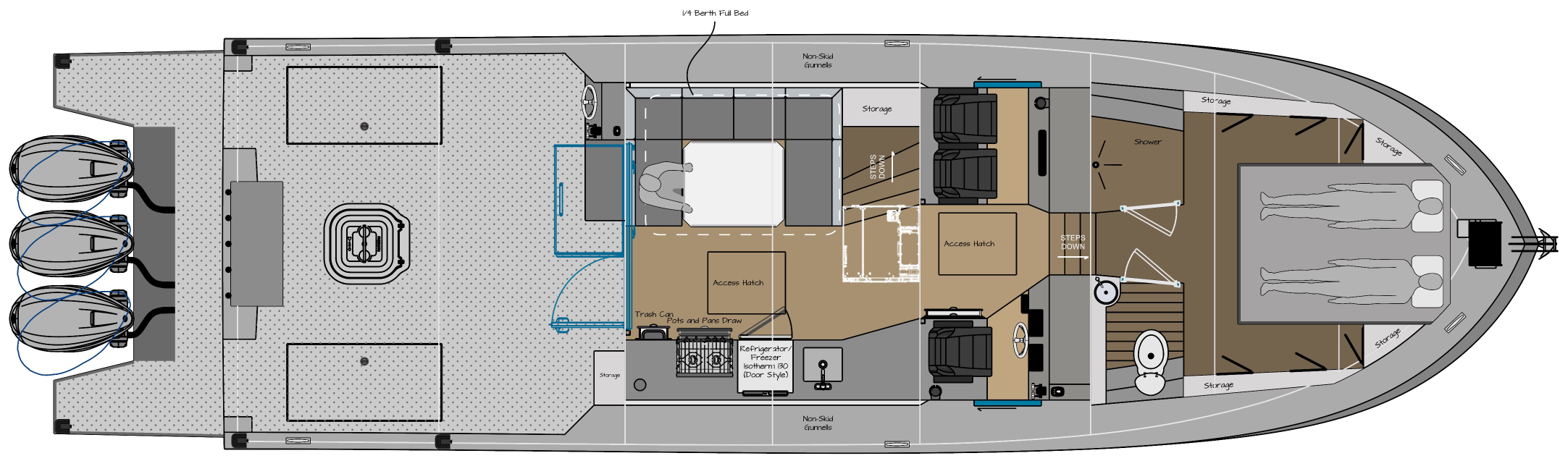 GA layout plan: aft deck, galley, helm, steps down to shower, head and V-berth