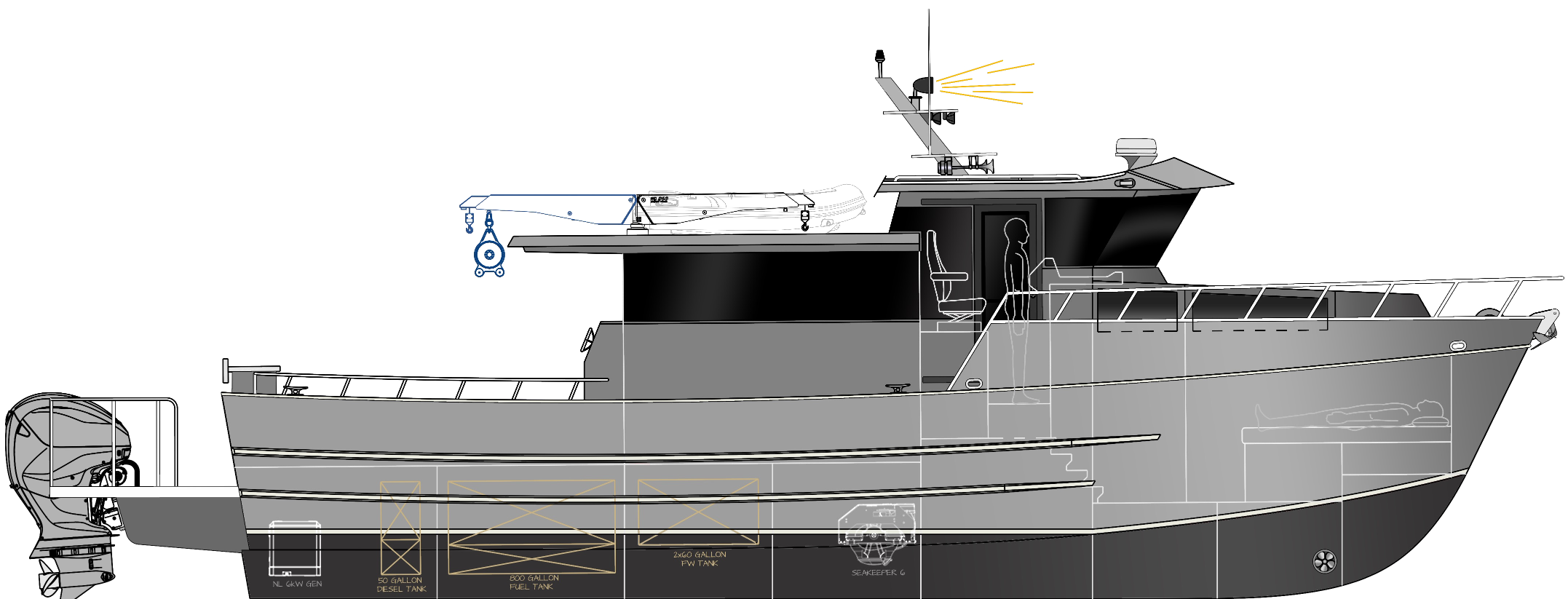 42 by 13.5 foot GA profile: wheelhouse, crane and tender on the cabin top, tankage, Seakeeper and generator below deck, triple outboards