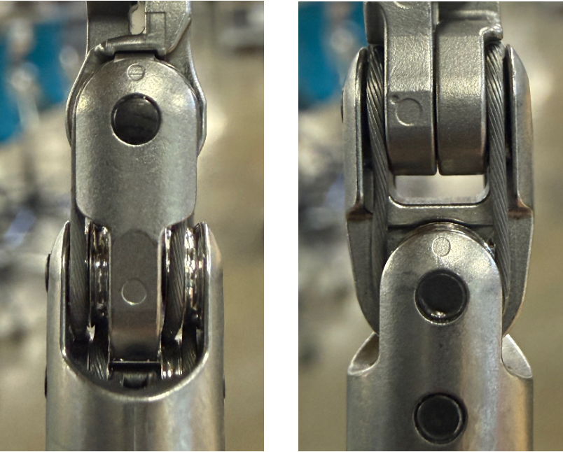 Close-ups of the existing 8 mm wrist: pulleys, tungsten cables and pins