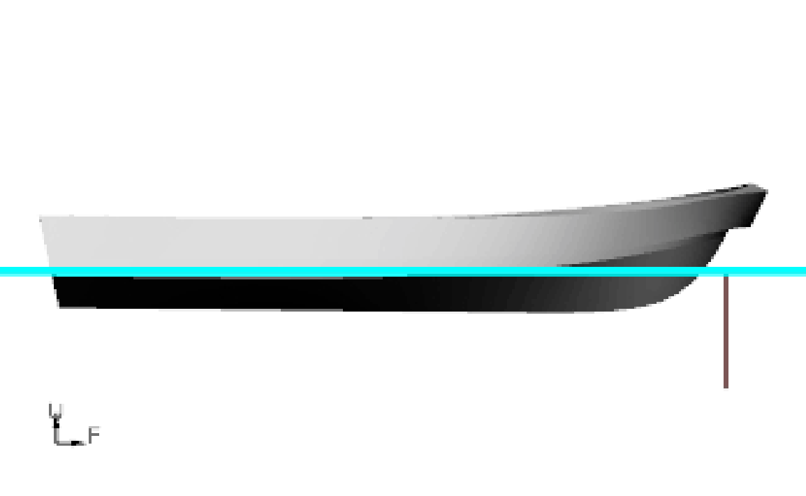 Orca3D profile view of the RIB hull at its waterline, passengers with collar
