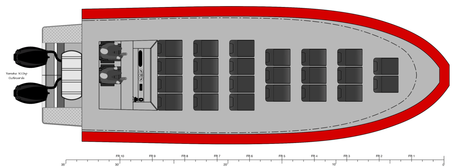 RIB monohull GA plan: helm aft, grouped seating forward inside the collar
